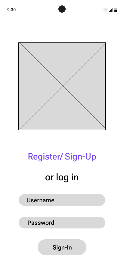 Black-and-white wireframe of a mobile app screen with placeholder text and buttons
