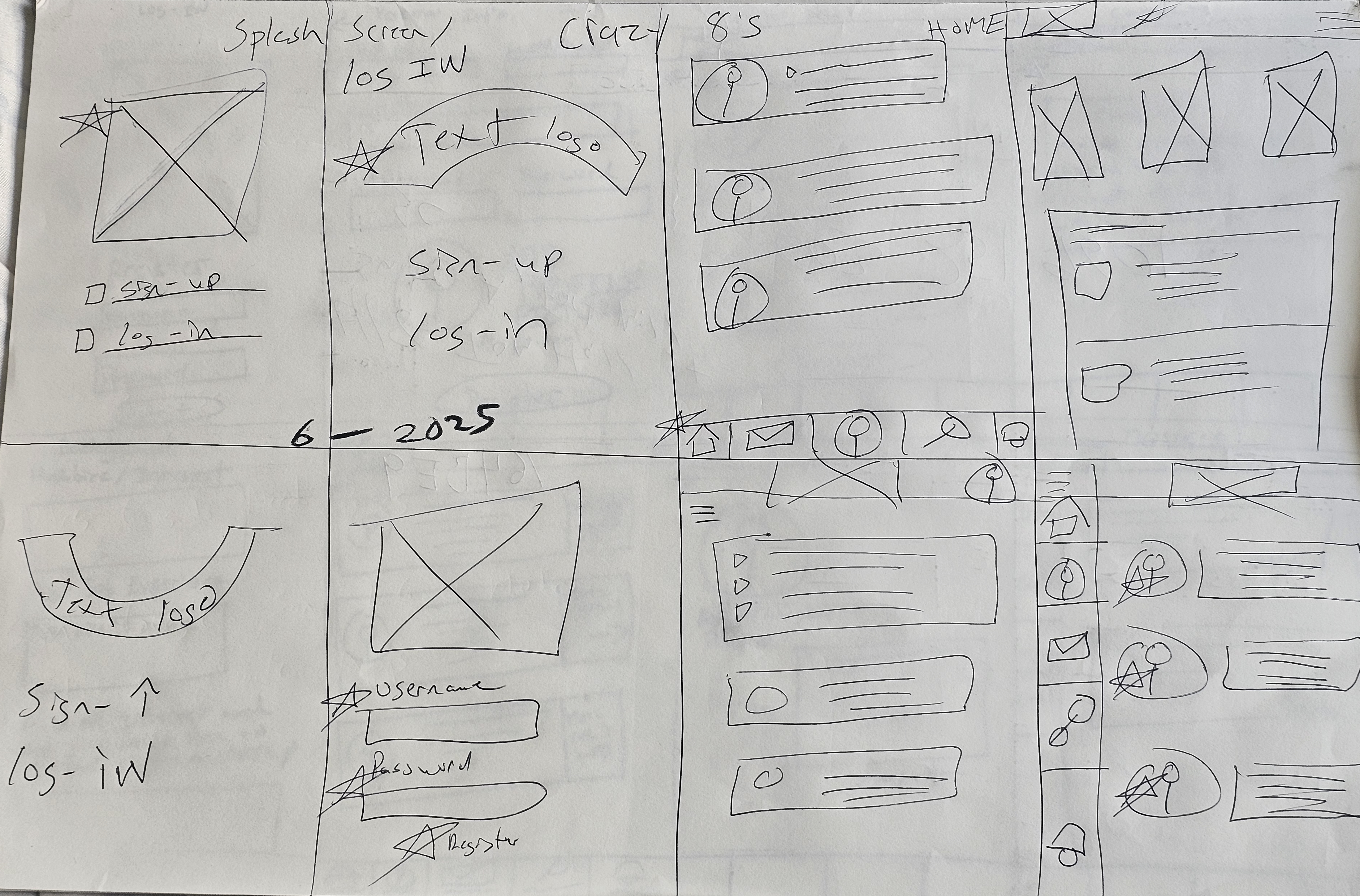 Series of hand-drawn sketches showing eight quick design ideas for an app layout.