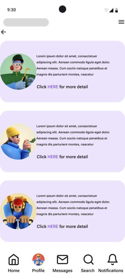 Black-and-white wireframe of a mobile app screen with placeholder text and buttons